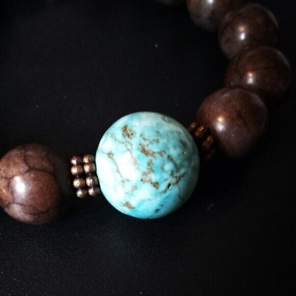 Hamsa Hand! Turquoise + Mocha Mousse! Howlite + Magnesite Blessings Bracelet 6" - Picture 3 of 9